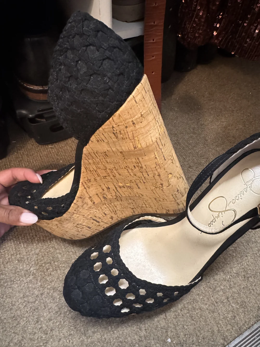 Jessica Simpson Black Woven Cork Platform Wedges
